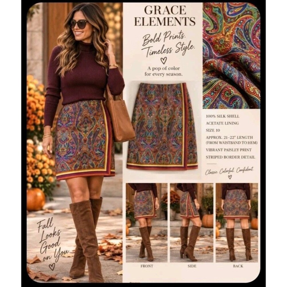Preppy Fall 100% Silk Satin Paisley A-Line Knee-Length Lined Skirt Size 10